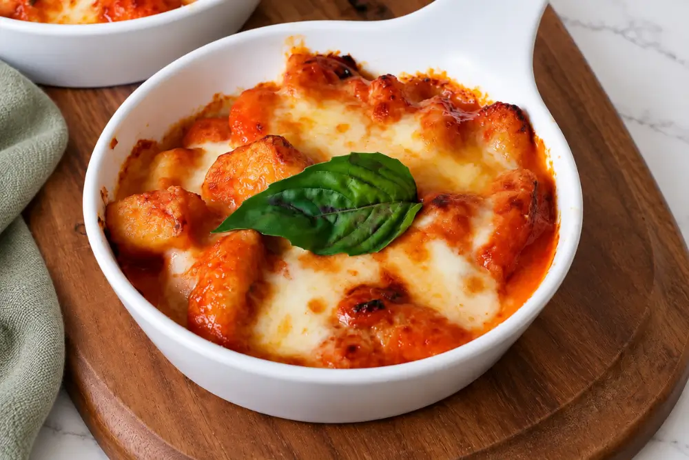 Gnocchi alla Sorrentina topped with melted mozzarella and fresh basil.