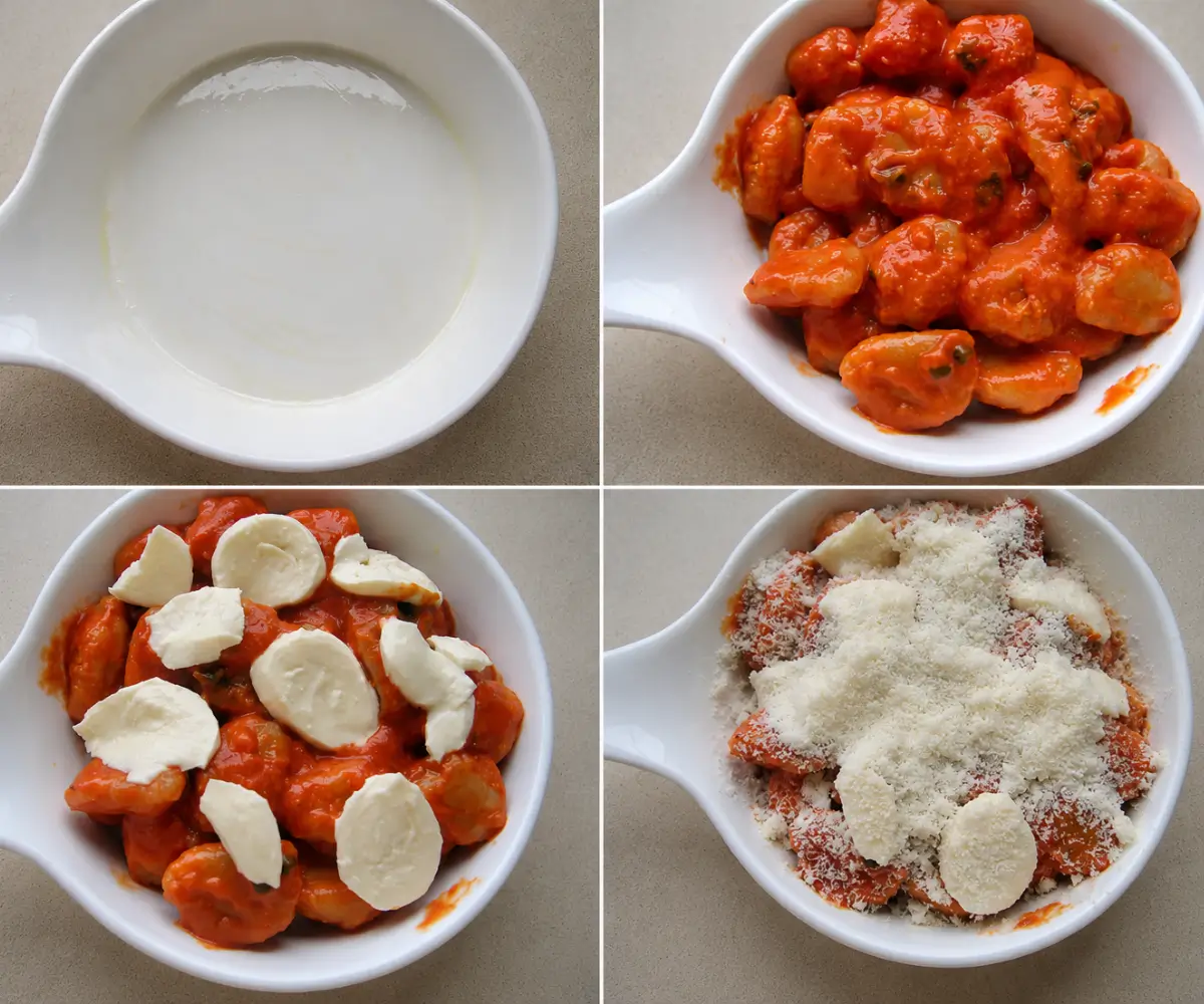 Gnocchi alla Sorrentina being assembled with tomato sauce, mozzarella, and Parmigiano Reggiano.
