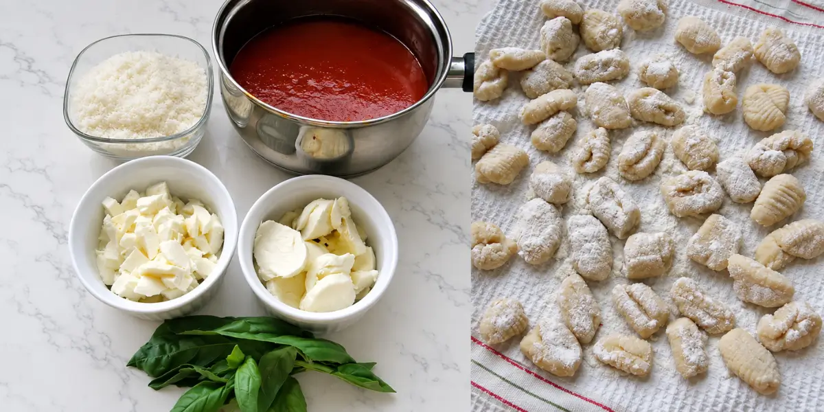 Homemade gnocchi with tomato sauce, mozzarella, Parmigiano Reggiano and basil.