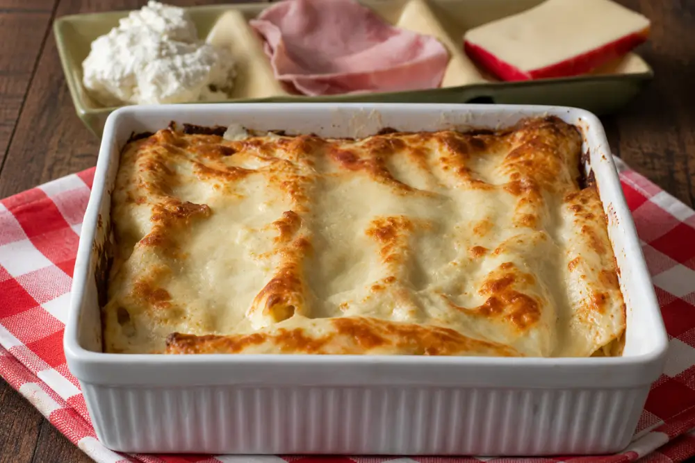 Ham and Cheese Cannelloni baked in a ceramic dish and topped with golden béchamel sauce.