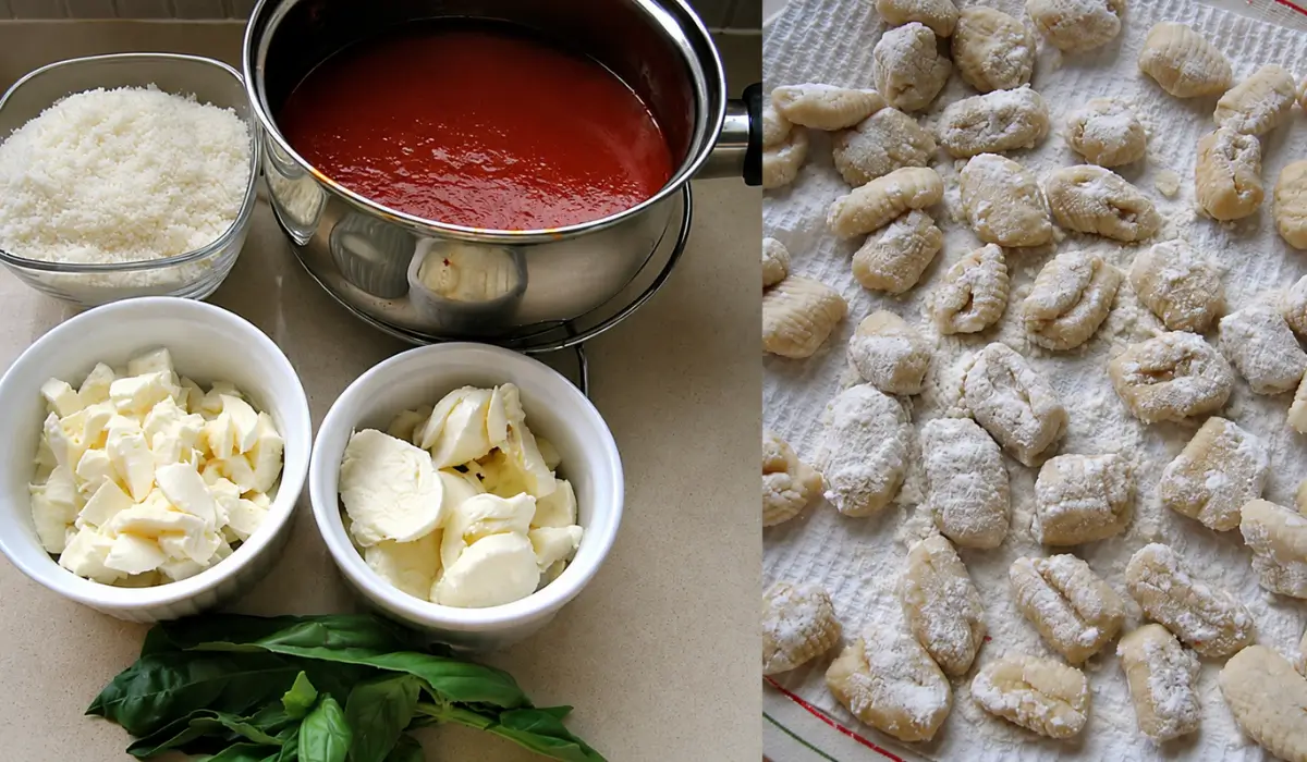 Homemade gnocchi with tomato sauce, mozzarella, basil, and Parmigiano Reggiano for Gnocchi alla Sorrentina.
