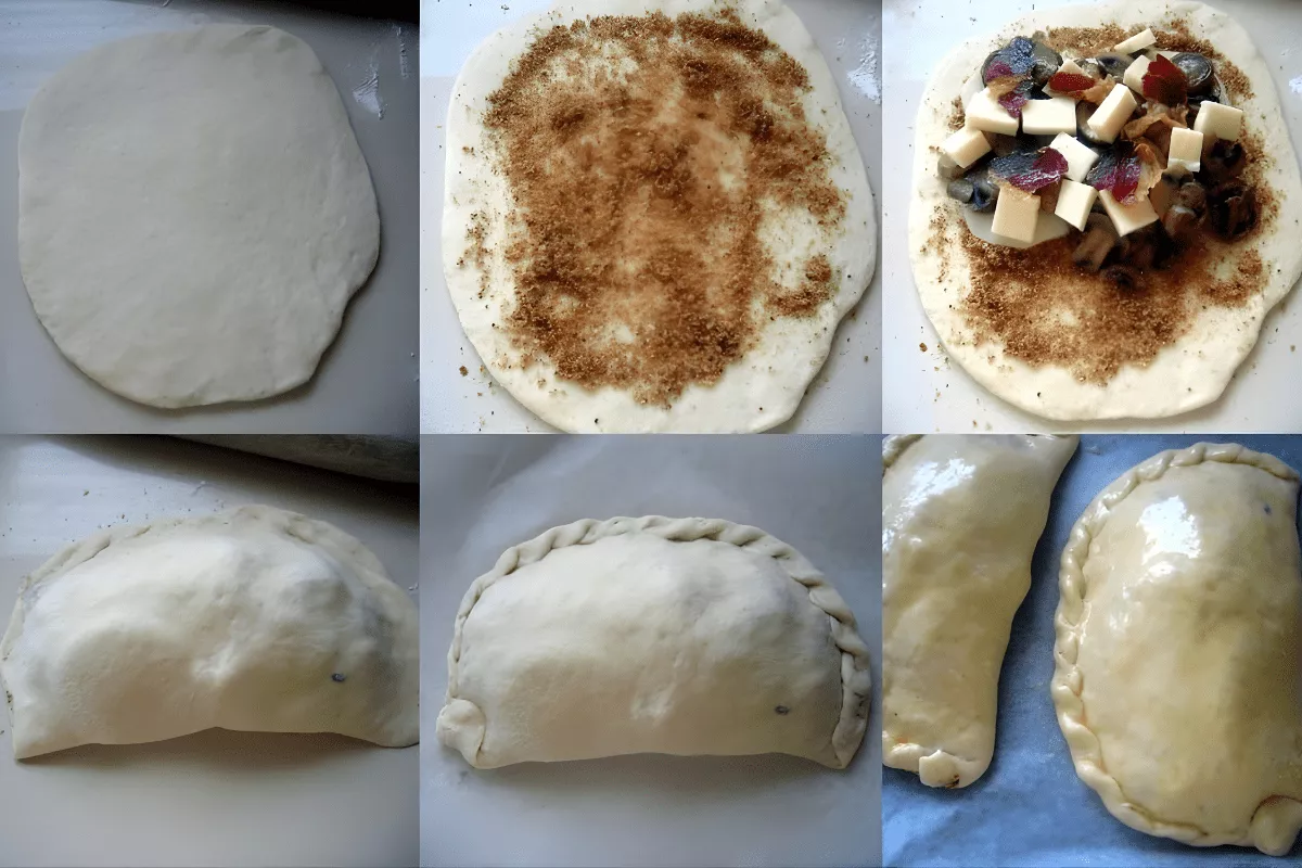 Preparing homemade Mushroom and Asiago Calzoni with breadcrumbs, mushrooms, cheese, and speck before baking.