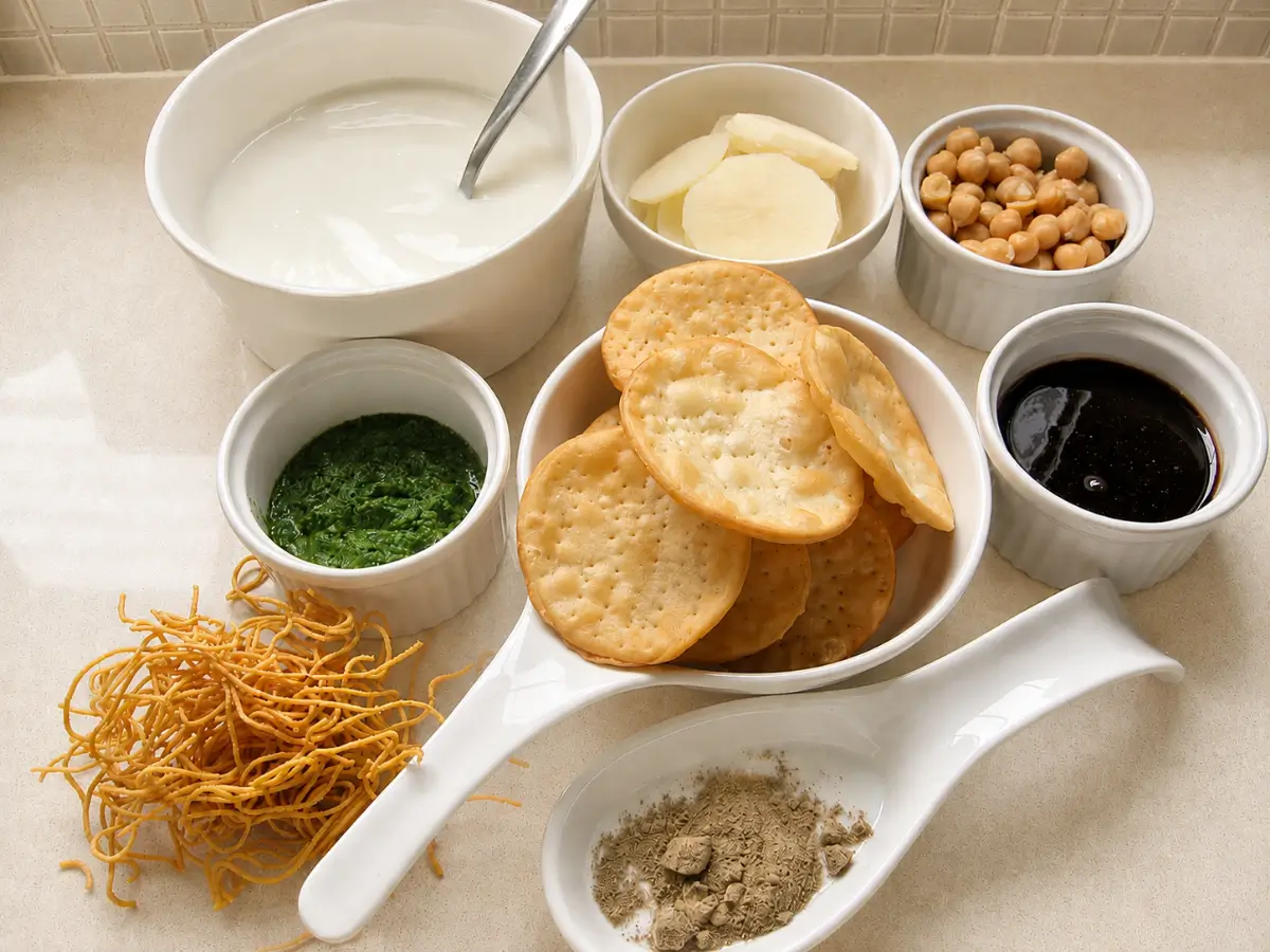 Ingredients arranged for homemade papri chaat, including papri, chutneys, yoghurt, chickpeas, and sev.