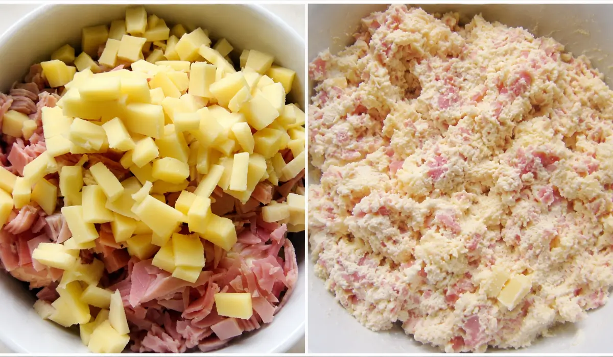 Ricotta, chopped ham, and Fontina cheese being combined to make the cannelloni filling.