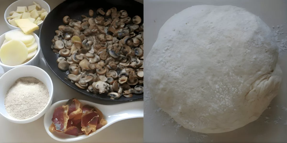 Ingredients for Mushroom Calzoni arranged on a countertop.