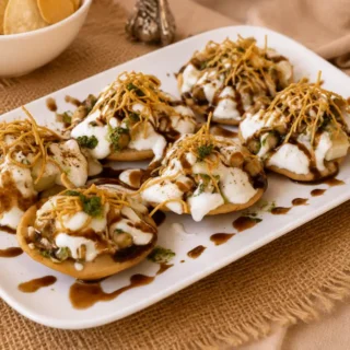 Papri Chaat topped with yoghurt, chutneys, potatoes, chickpeas, and sev on a serving plate.
