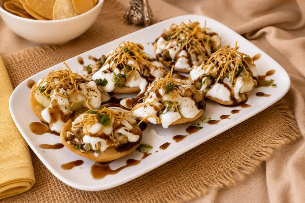 Papri Chaat topped with yoghurt, chutneys, potatoes, chickpeas, and sev on a serving plate.