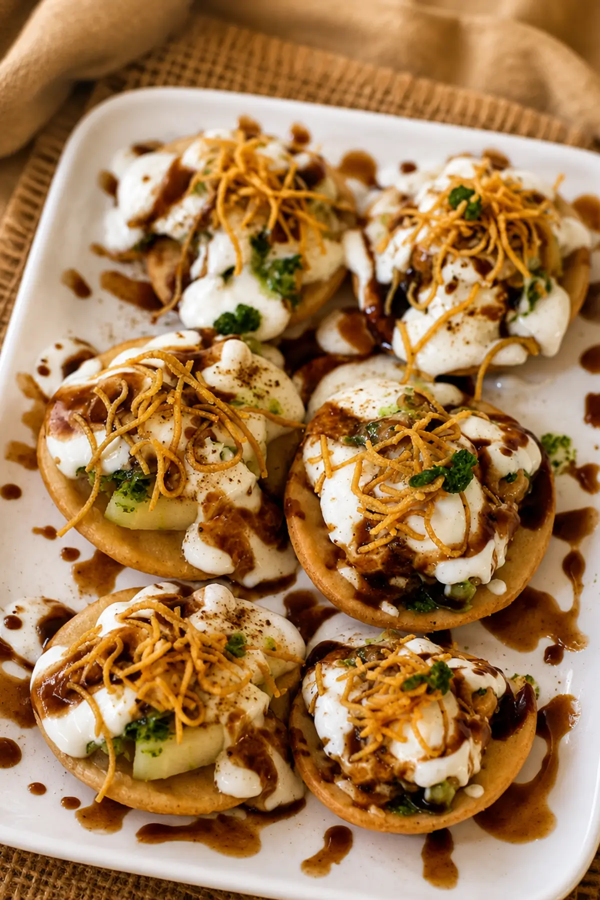 Papri chaat topped with yoghurt, tamarind chutney, hari chutney, potatoes, and sev on a serving plate.