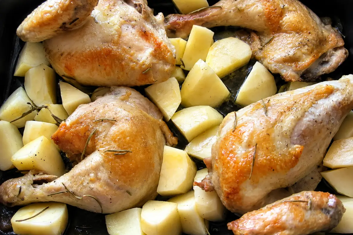 Diced potatoes added to partially roasted chicken with rosemary.