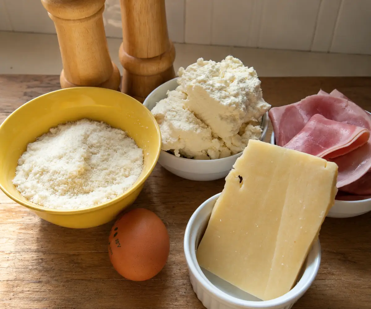 Ricotta, ham slices, Fontina cheese, Parmigiano Reggiano, and egg arranged for the cannelloni filling.