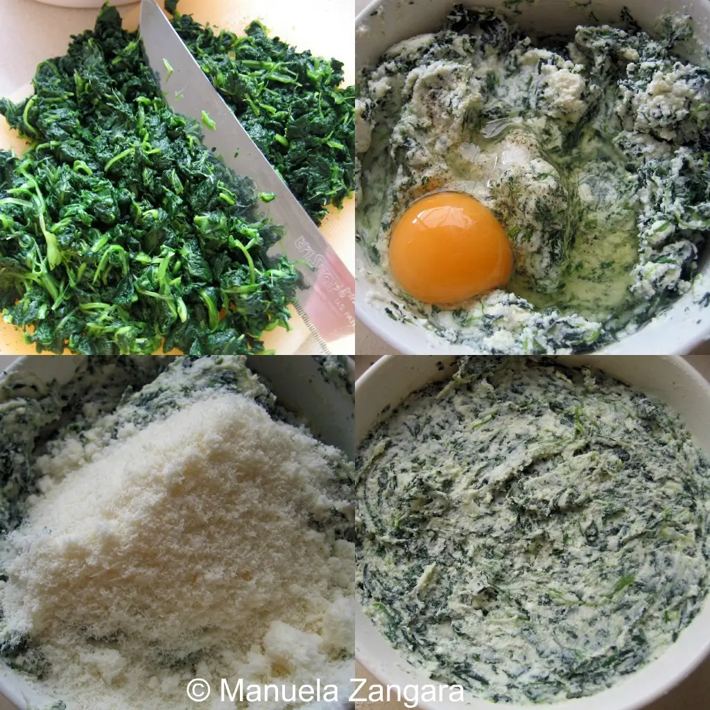Chopped spinach mixed with ricotta, egg, and grated cheese in a bowl.