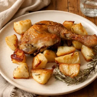 Roasted Chicken with Potatoes served with rosemary on a plate.