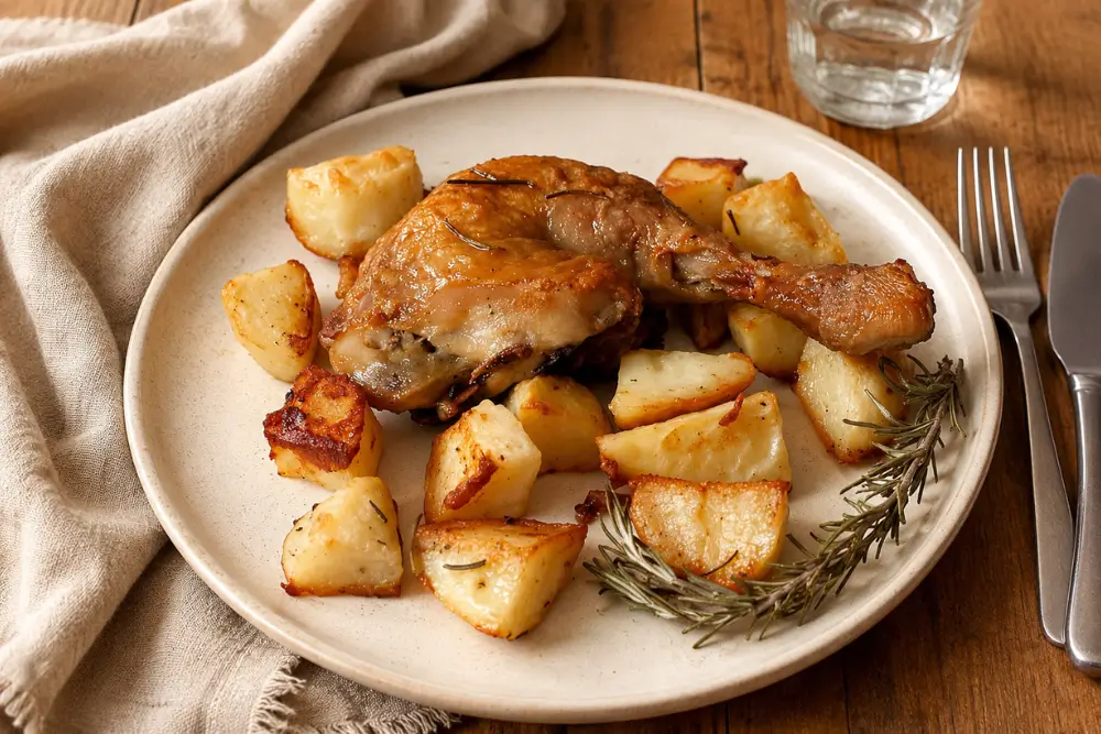Roasted Chicken with potatoes Roasted Chicken with Potatoes served with rosemary on a plate.