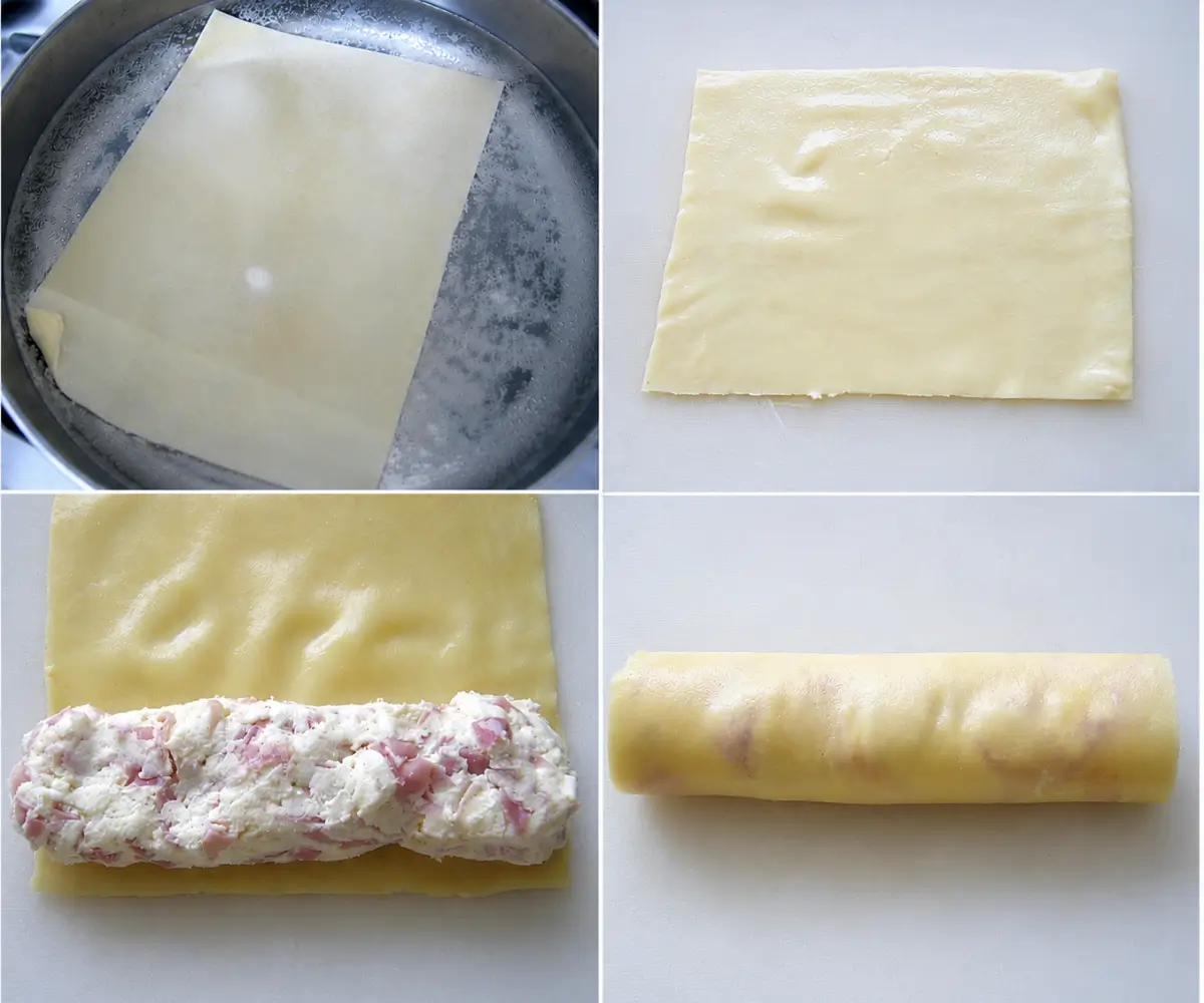 Pasta sheet being filled, rolled, and shaped into a cannellone.