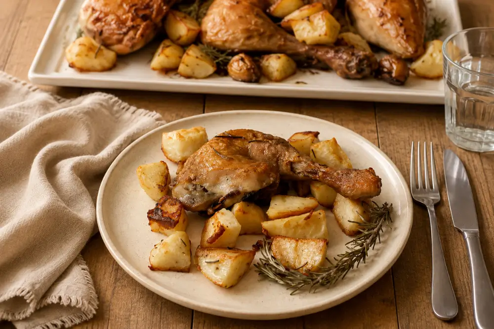 Golden chicken quarter served with roasted potato pieces and rosemary.
