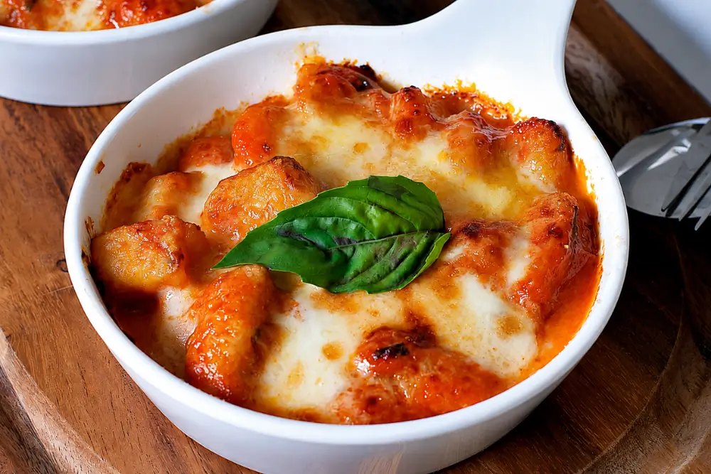 Sorrento-style gnocchi topped with melted mozzarella, tomato sauce, and fresh basil.