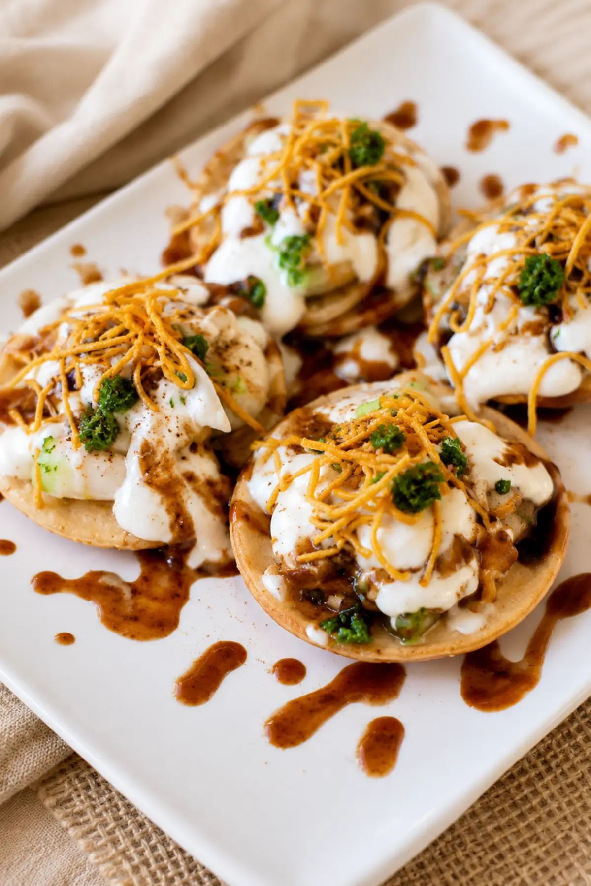 Close-up of papri topped with potatoes, chickpeas, yoghurt, chutneys, and sev.