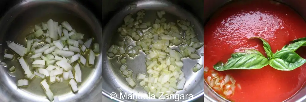 Onion sautéing in olive oil, then combined with tomato purée and basil to make the sauce.