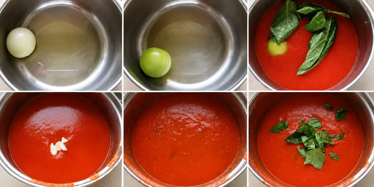 Tomato sauce prepared with onion and basil in a stainless steel pot.