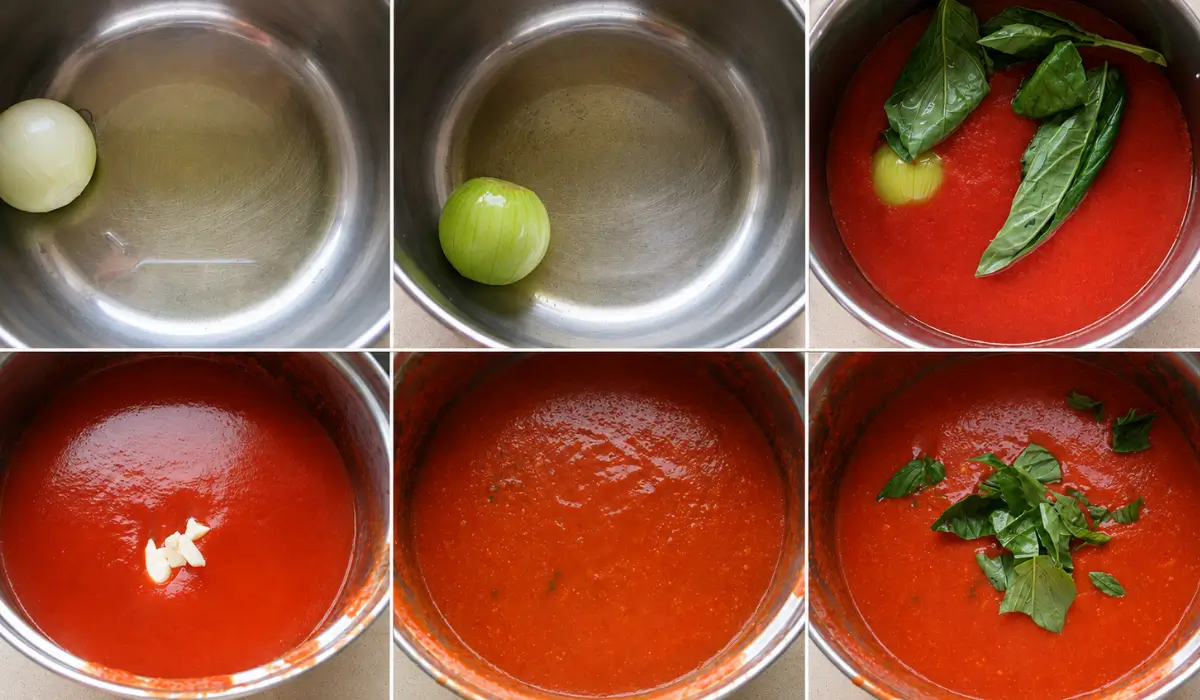 Tomato sauce for gnocchi simmered with onion, fresh basil leaves, and mozzarella.