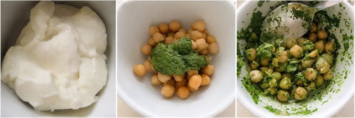 Smooth yoghurt beside chickpeas mixed with hari chutney for papri chaat toppings.