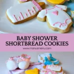 Baby Shower Shortbread Cookies decorated with pink onesies, yellow duck, and white baby bottle cookies.