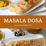 Masala dosa rolled and served on a white plate.