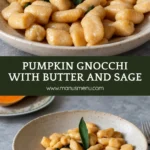 Homemade pumpkin gnocchi coated with butter and fresh sage.