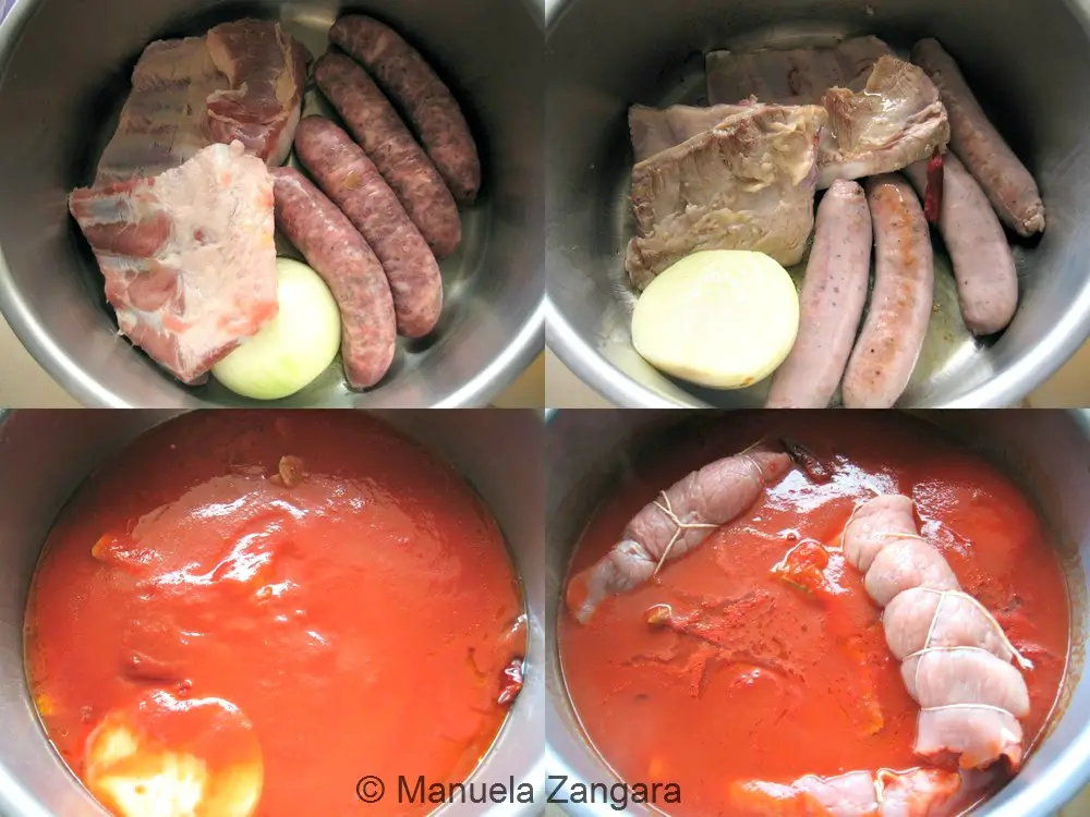 Browning pork ribs and sausages in a pot, then adding passata and braciole to start the slow-cooked ragù.