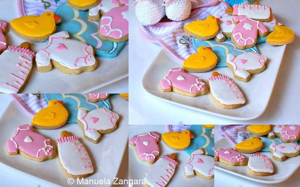 Baby Shower Shortbread Cookies Baby Shower Shortbread Cookies decorated with pink onesies, yellow ducks, and baby bottles displayed on a plate.