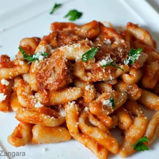 A plate of cavatelli coated in pork ragù and topped with grated cheese and parsley.