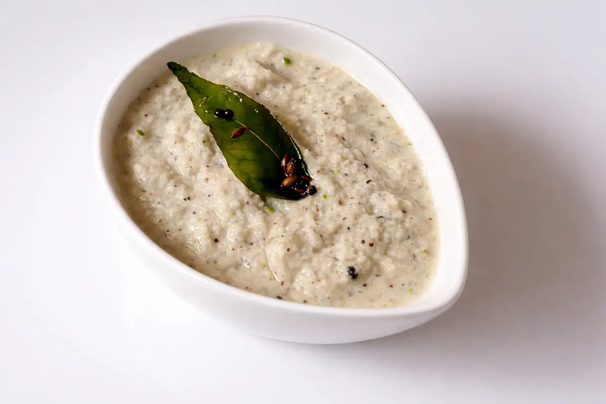 Coconut chutney served in a bowl with curry leaves and mustard seed tempering on top.