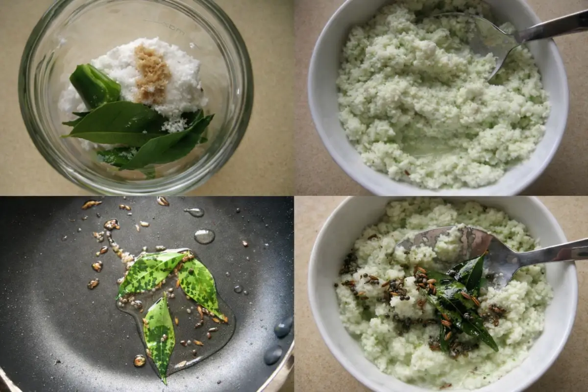 Steps showing coconut chutney preparation, from grinding ingredients to tempering and mixing.