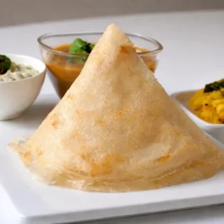 Golden crispy cone-shaped dosa served with accompaniments.