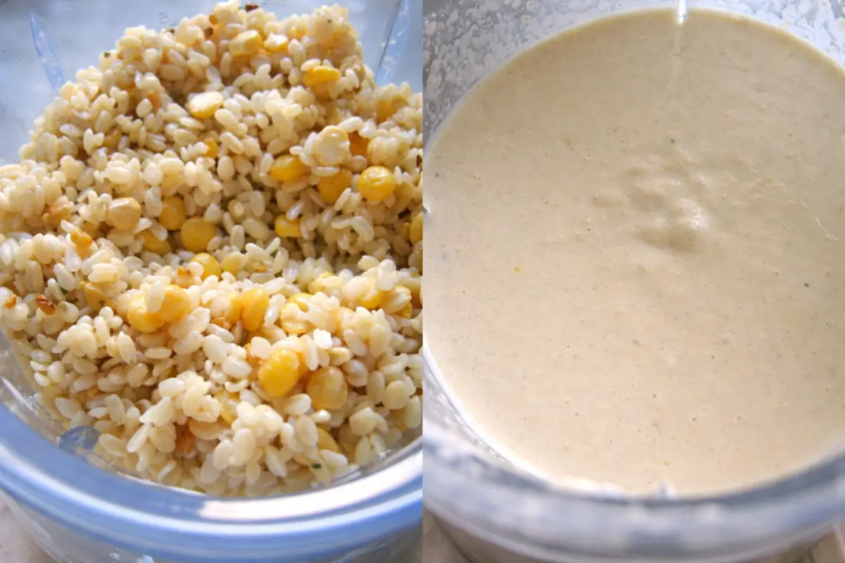 Soaked rice and lentils alongside freshly blended batter ready for fermentation.
