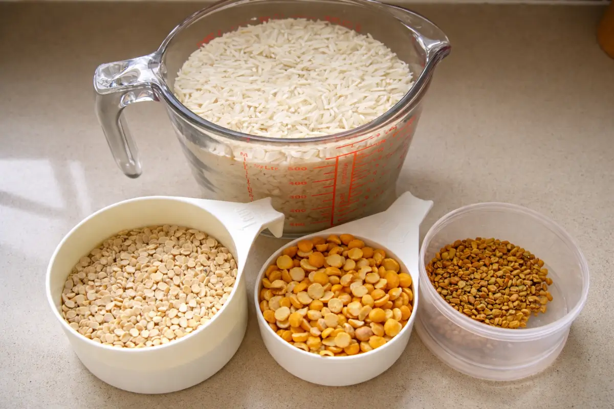 Measured rice, split lentils, and fenugreek seeds arranged in cups for dosa batter.