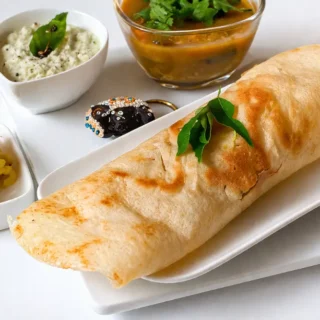 Close-up of a rolled masala dosa with potato filling inside.