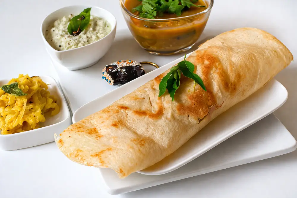 Close-up of a rolled masala dosa with potato filling inside.