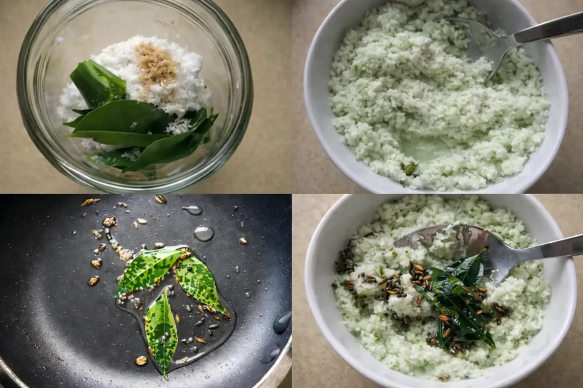 Coconut chutney preparation followed by tempering with mustard seeds, cumin, and curry leaves.