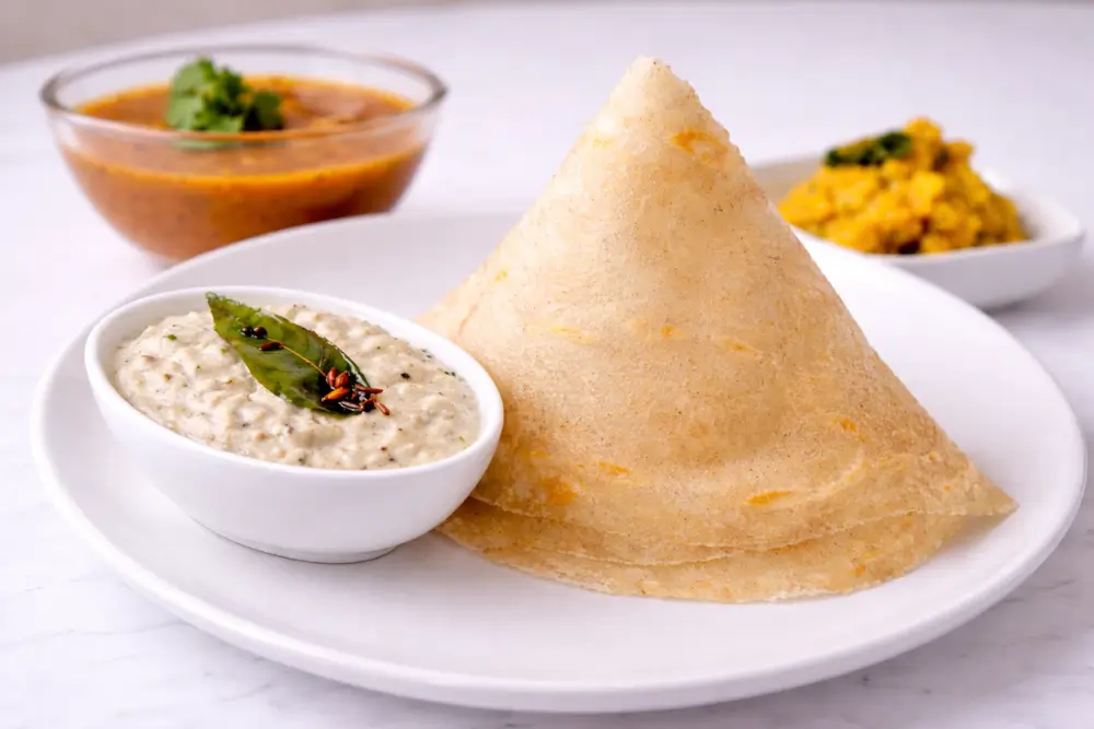 Paper thin dosa served with coconut chutney.