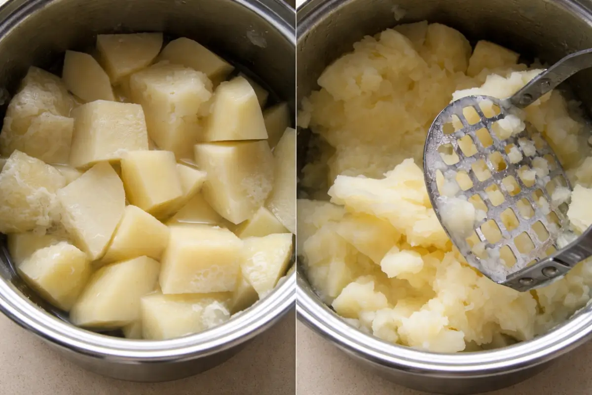 Boiled potatoes in chunks and mashed potatoes being pressed with a masher in a pot.