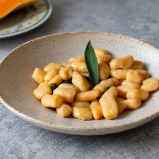 Pumpkin gnocchi served with sage butter and Parmigiano Reggiano.