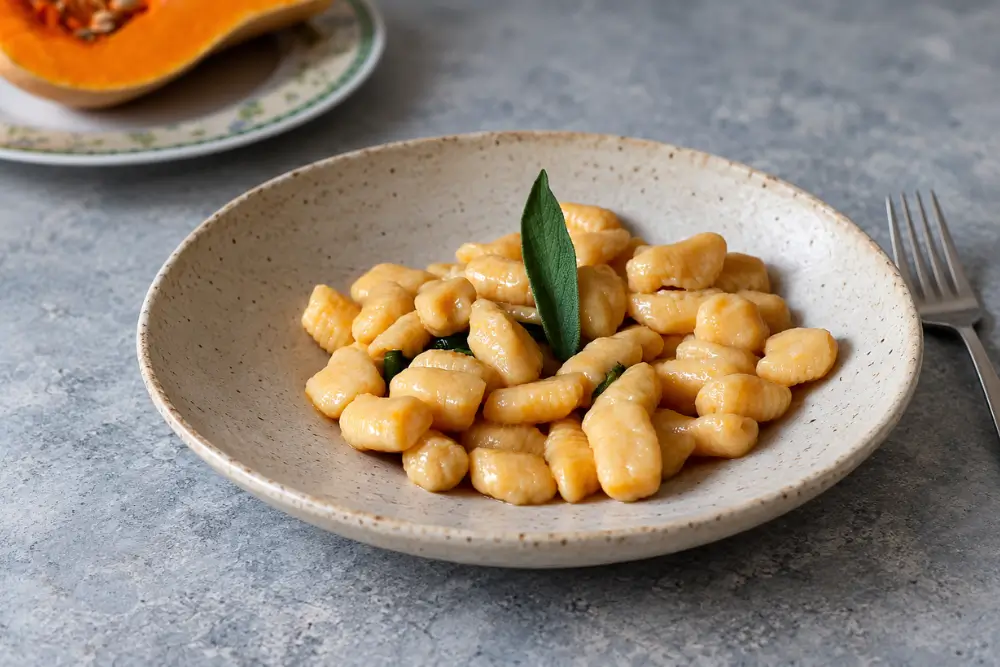 Pumpkin gnocchi with butter and sage Pumpkin gnocchi served with sage butter and Parmigiano Reggiano.