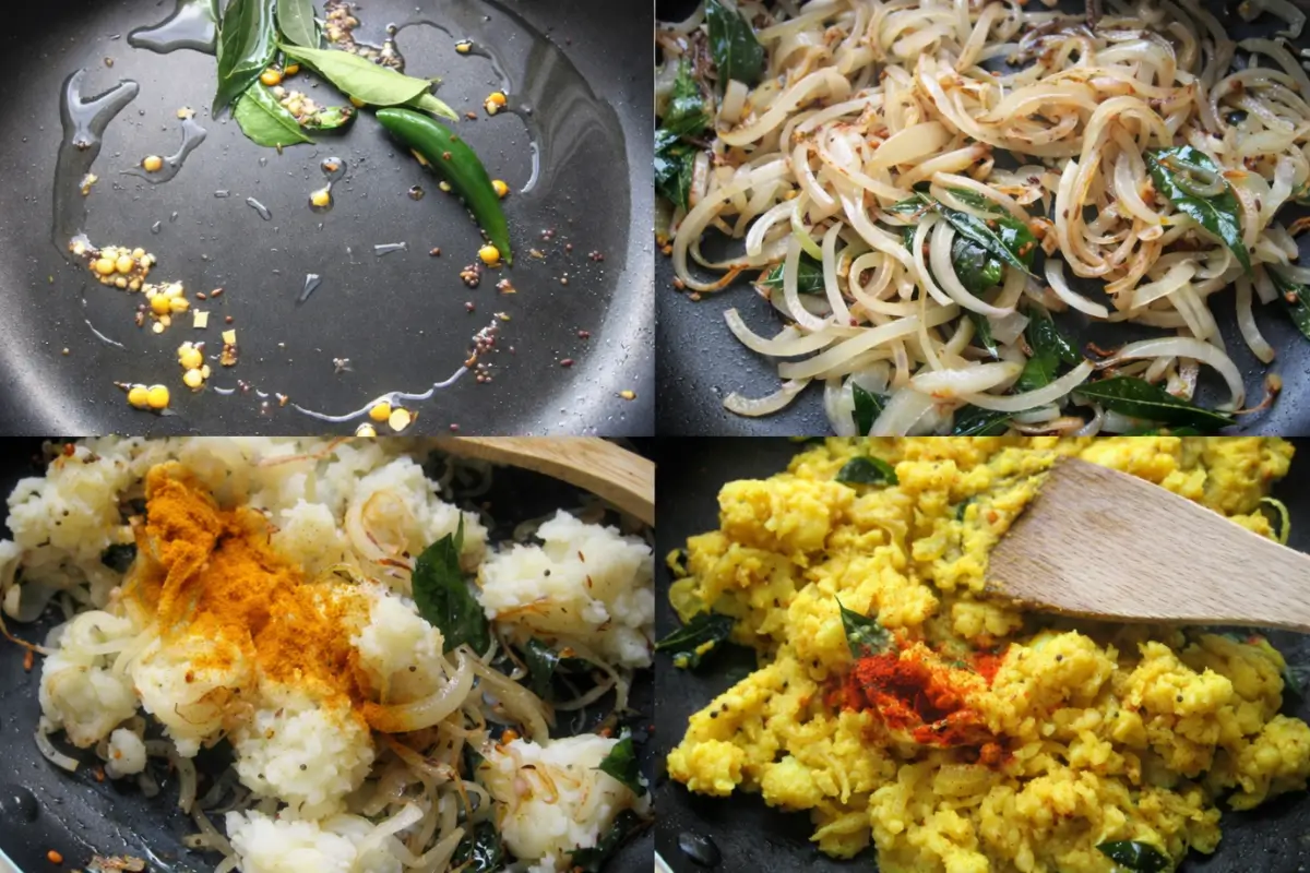 Mustard seeds, curry leaves, chilli, and onions cooking in oil until fragrant and lightly browned.