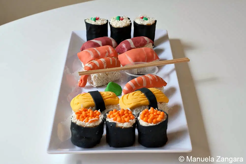 Sweet Sushi Assembled sweet sushi pieces arranged on a serving plate.