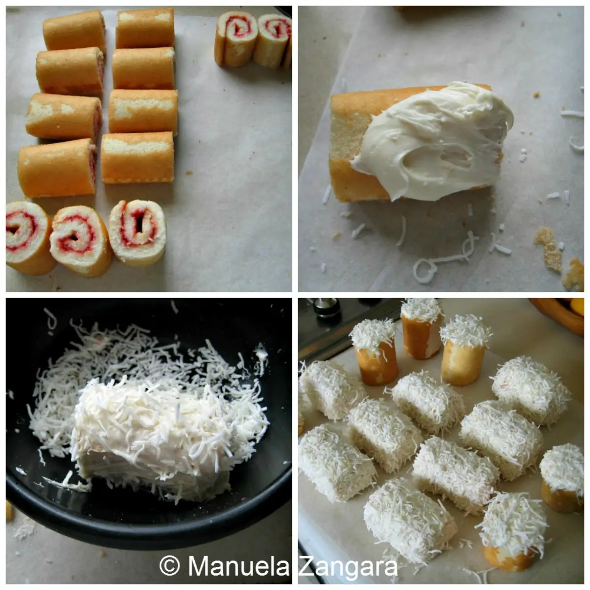 PicMonkey Collage Mini Swiss rolls cut and coated with icing and shredded coconut,
