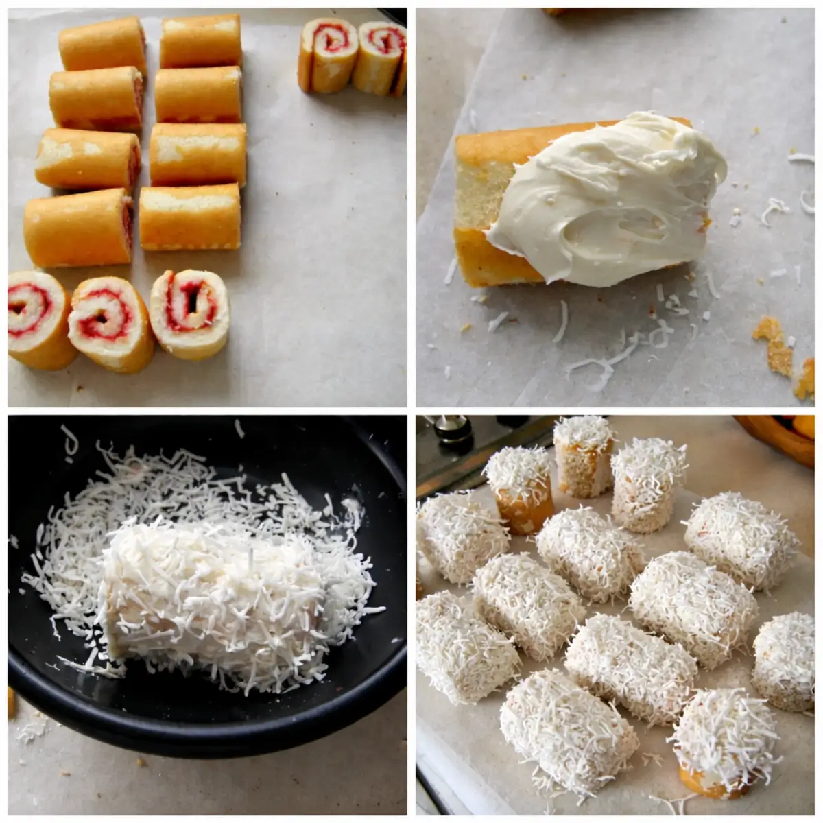 Swiss roll pieces being iced and coated in shredded coconut to resemble sushi rice.