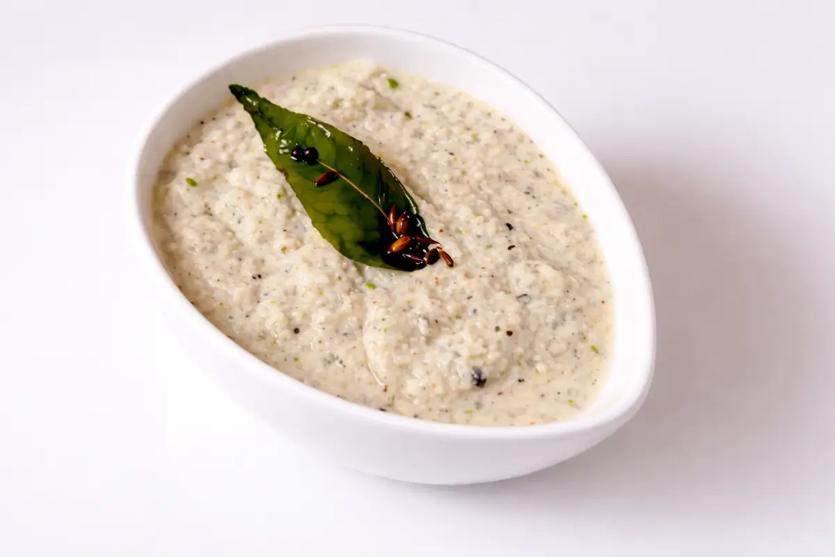Coconut chutney topped with tempered curry leaves and mustard seeds served in a bowl.