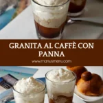 Glasses of Granita al Caffè con Panna served with Sicilian brioche on a white table.