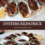Cooked Oysters Kilpatrick served on a round plate with Kilpatrick sauce and lemon wedges.